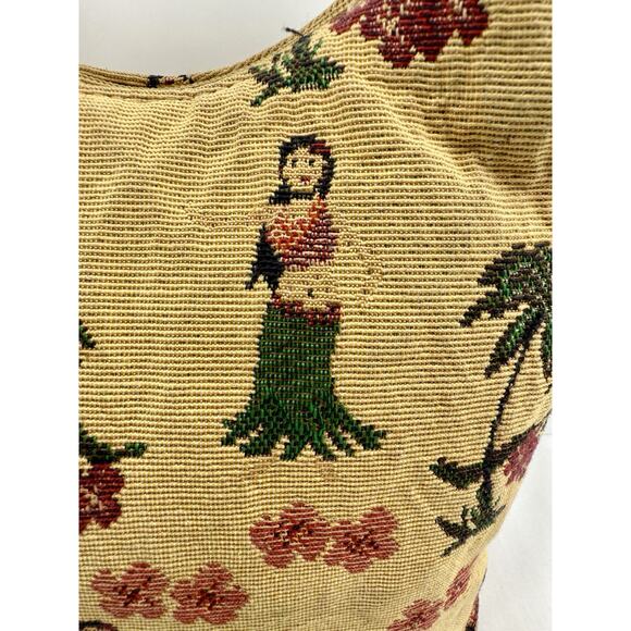 Sunny Hawaii Hula Girl Tapestry Bamboo Handle Shoulder Bag Brown Leather 12x9 - Picture 8 of 16